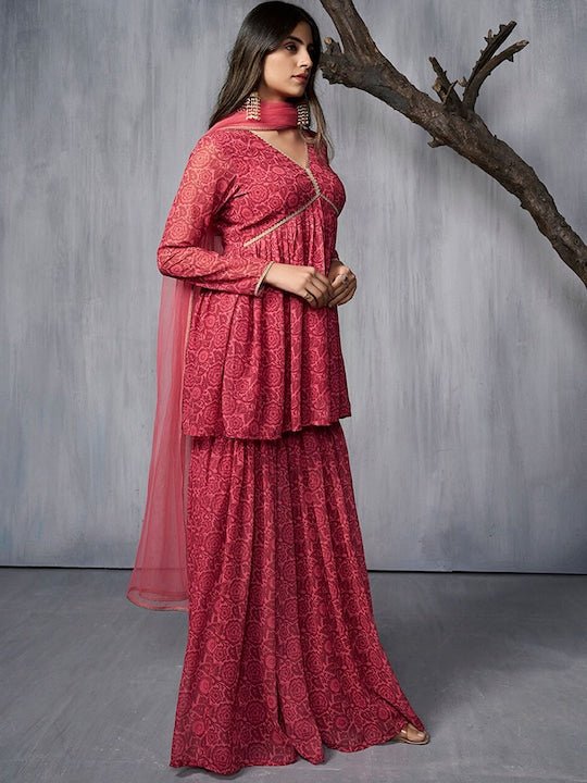 Floral Printed Empire Gotta Patti Kurta With Sharara & Dupatta - Inddus.com