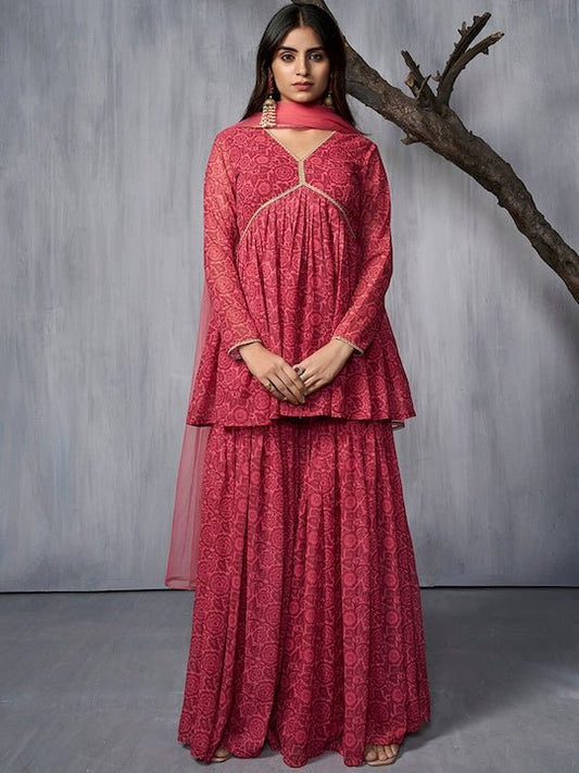 Floral Printed Empire Gotta Patti Kurta With Sharara & Dupatta - Inddus.com