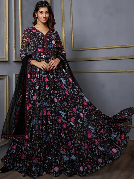 Floral Printed Fit & Flare Maxi Ethnic Dresses With Dupatta - Inddus.com