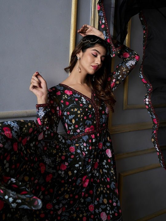 Floral Printed Fit & Flare Maxi Ethnic Dresses With Dupatta - Inddus.com