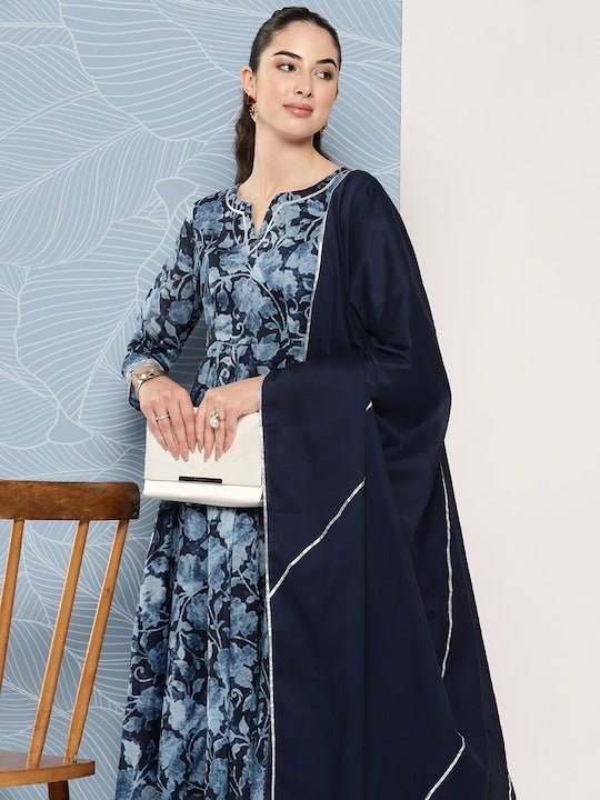 Floral Printed Gotta Patti Chanderi Cotton Kurta With Trousers & Dupatta - Inddus.com