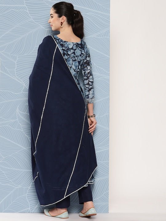 Floral Printed Gotta Patti Chanderi Cotton Kurta With Trousers & Dupatta - Inddus.com