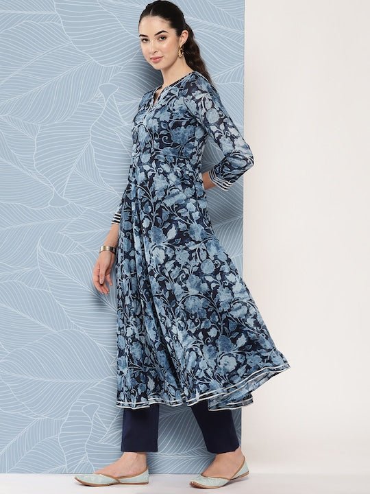 Floral Printed Gotta Patti Chanderi Cotton Kurta With Trousers & Dupatta - Inddus.com