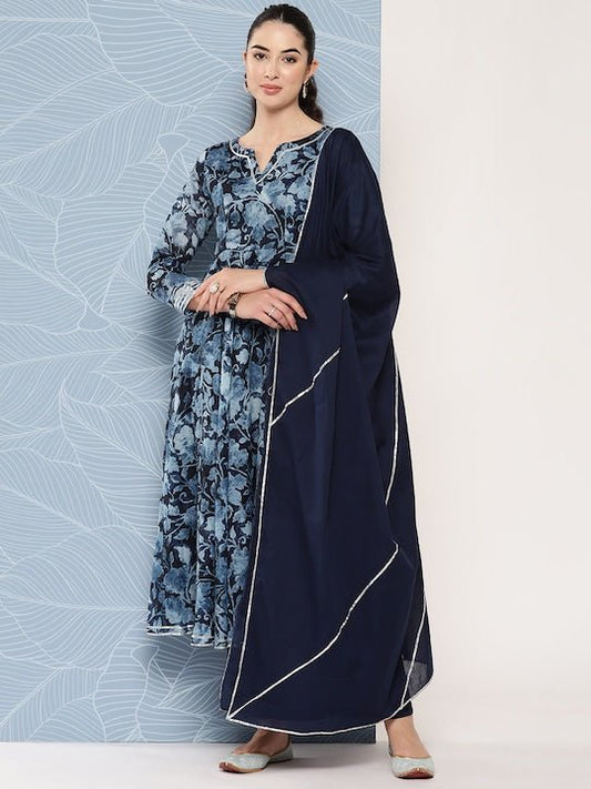 Floral Printed Gotta Patti Chanderi Cotton Kurta With Trousers & Dupatta - Inddus.com