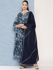 Floral Printed Gotta Patti Chanderi Cotton Kurta With Trousers & Dupatta - Inddus.com