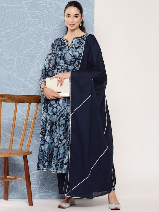 Floral Printed Gotta Patti Chanderi Cotton Kurta With Trousers & Dupatta - Inddus.com