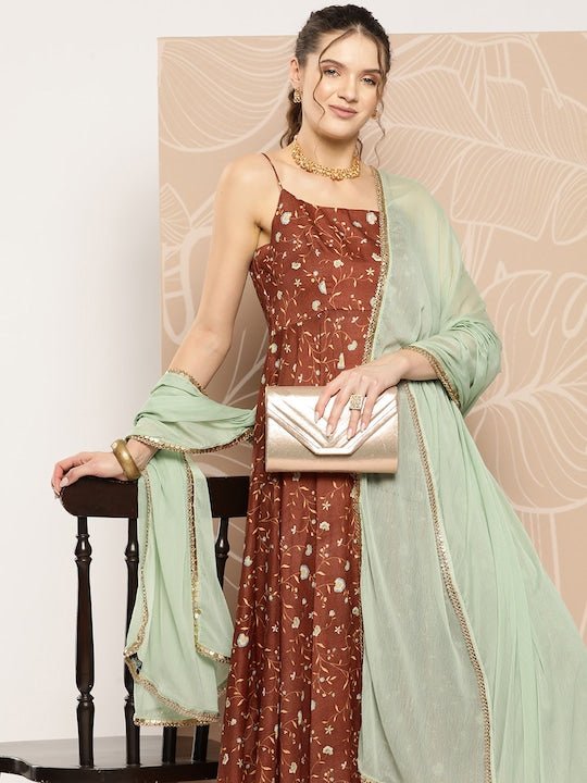 Floral Printed Kurta With Trousers & With Dupatta - Inddus.com