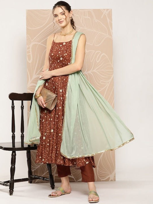 Floral Printed Kurta With Trousers & With Dupatta - Inddus.com