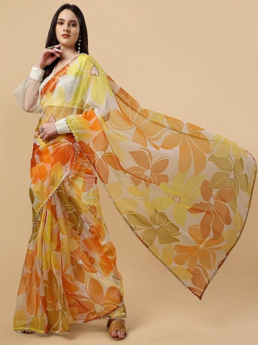 Floral Printed Organza Saree - Inddus.com