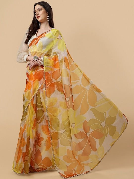 Floral Printed Organza Saree - Inddus.com