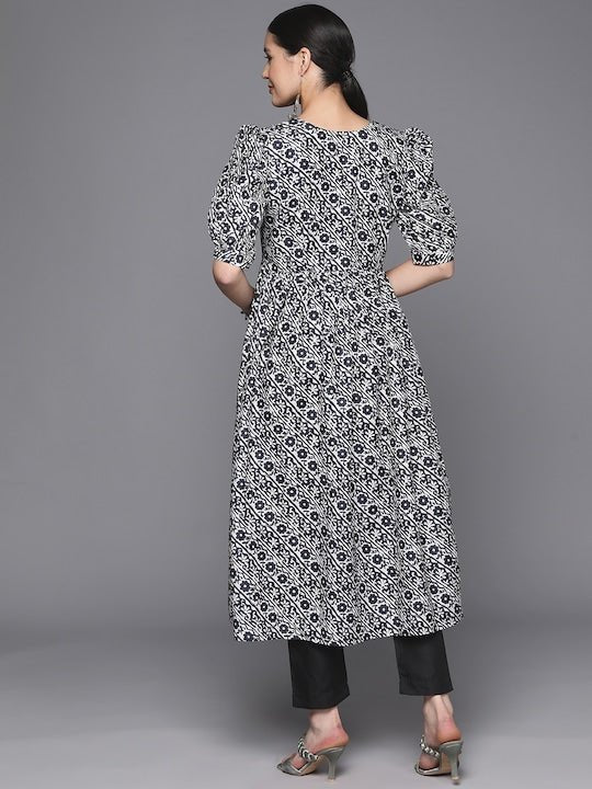 Floral Printed Puff Sleeves Empire Kurta With Trousers - Inddus.com