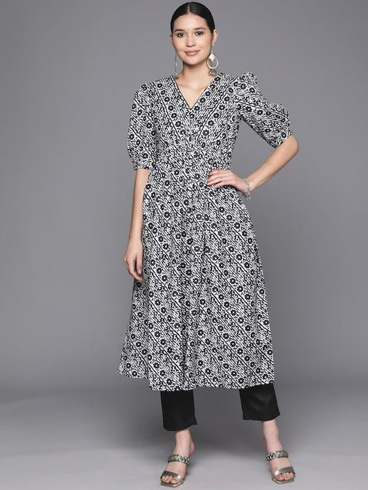 Floral Printed Puff Sleeves Empire Kurta With Trousers - Inddus.com