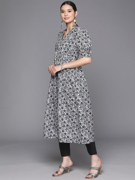 Floral Printed Puff Sleeves Empire Kurta With Trousers - Inddus.com