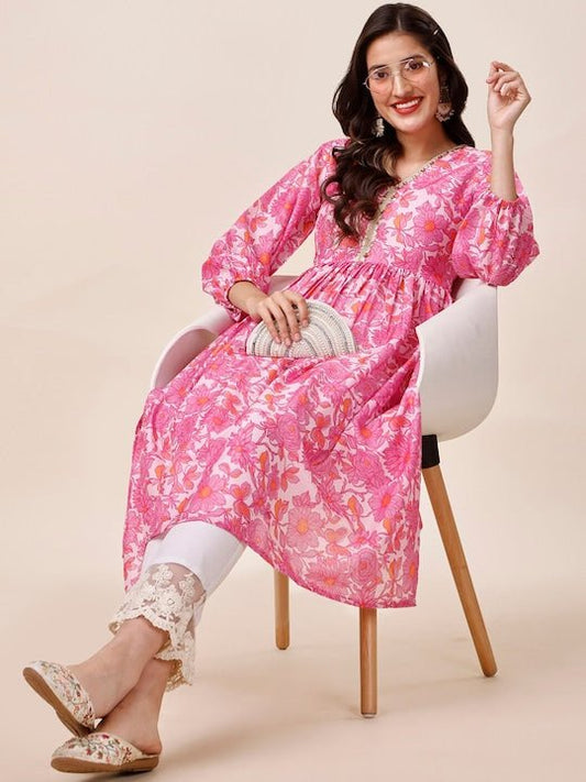 Floral Printed Puff Sleeves Pleated A-Line Kurta - Inddus.com