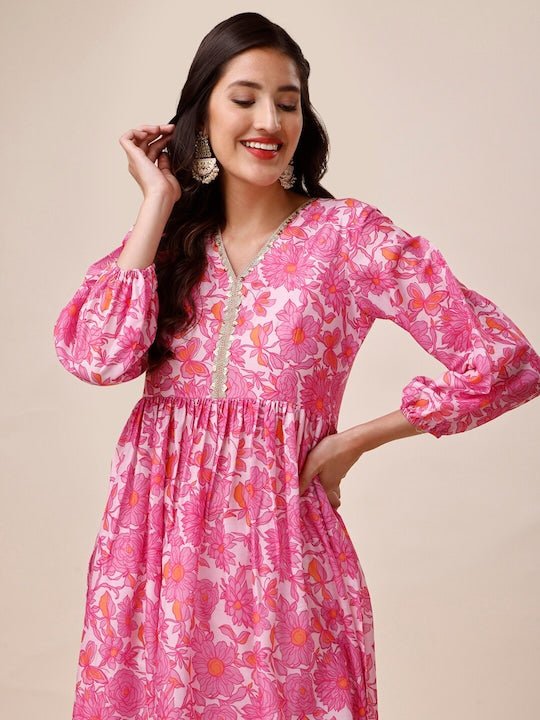 Floral Printed Puff Sleeves Pleated A-Line Kurta - Inddus.com