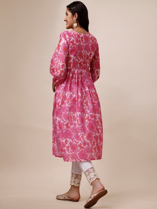 Floral Printed Puff Sleeves Pleated A-Line Kurta - Inddus.com