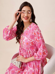 Floral Printed Puff Sleeves Pleated A-Line Kurta - Inddus.com