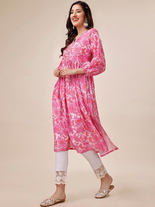 Floral Printed Puff Sleeves Pleated A-Line Kurta - Inddus.com