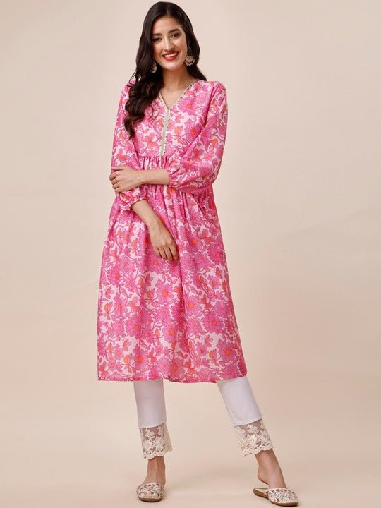 Floral Printed Puff Sleeves Pleated A-Line Kurta - Inddus.com