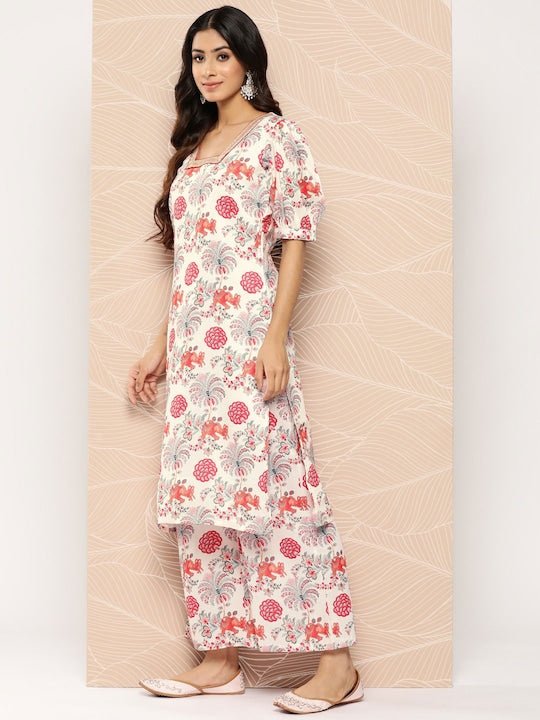 Floral Printed Puff Sleeves Zari Kurta With Palazzos - Inddus.com