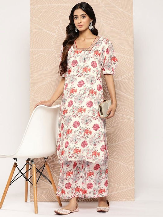 Floral Printed Puff Sleeves Zari Kurta With Palazzos - Inddus.com