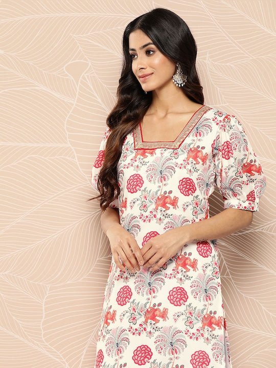 Floral Printed Puff Sleeves Zari Kurta With Palazzos - Inddus.com