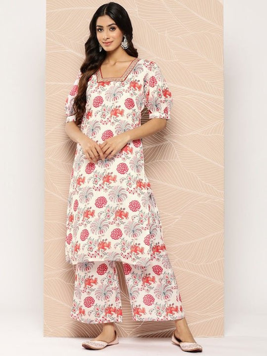 Floral Printed Puff Sleeves Zari Kurta With Palazzos - Inddus.com