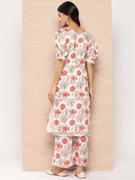 Floral Printed Puff Sleeves Zari Kurta With Palazzos - Inddus.com