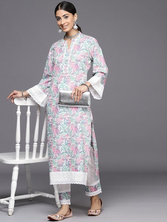 Floral Printed Regular Chikankari Pure Cotton Kurta With Trousers - Inddus.com