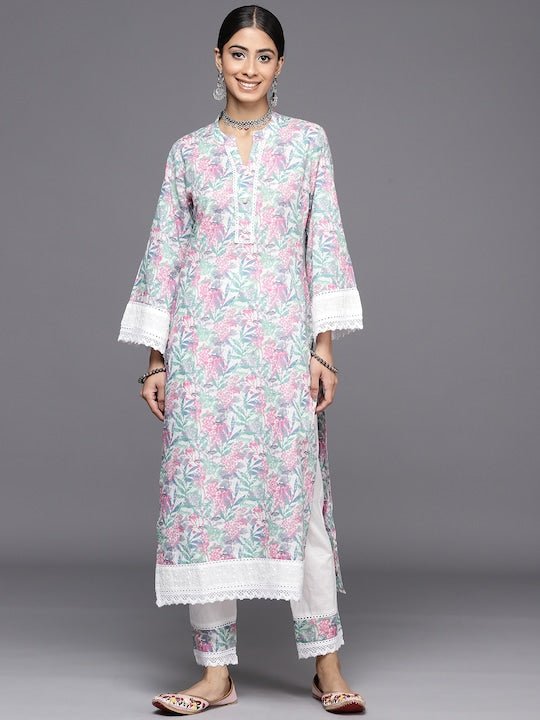 Floral Printed Regular Chikankari Pure Cotton Kurta With Trousers - Inddus.com