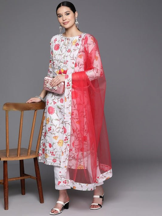 Floral Printed Regular Gotta Patti Kurta with Trousers & With Dupatta - Inddus.com