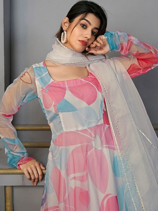 Floral Printed Regular Gotta Patti Kurta with Trousers & With Dupatta - Inddus.com