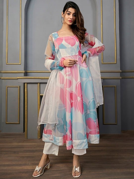 Floral Printed Regular Gotta Patti Kurta with Trousers & With Dupatta - Inddus.com