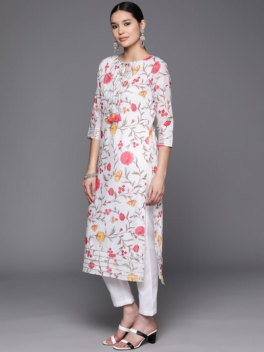 Floral Printed Regular Gotta Patti Kurta with Trousers & With Dupatta - Inddus.com