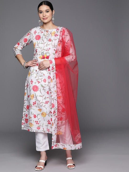 Floral Printed Regular Gotta Patti Kurta with Trousers & With Dupatta - Inddus.com