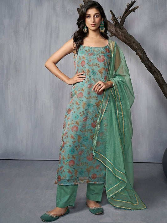 Floral Printed Regular Gotta Patti Organza Kurta With Trousers & Dupatta - Inddus.com