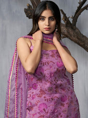 Floral Printed Regular Gotta Patti Organza Kurta With Trousers & Dupatta - Inddus.com