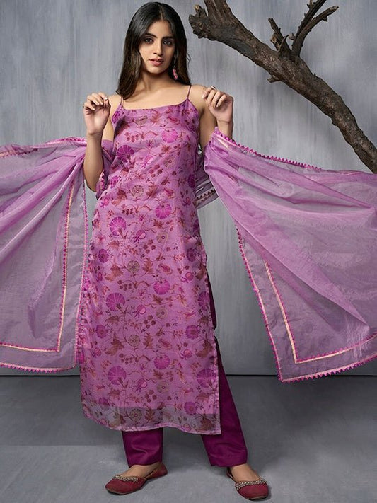 Floral Printed Regular Gotta Patti Organza Kurta With Trousers & Dupatta - Inddus.com