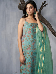 Floral Printed Regular Gotta Patti Organza Kurta With Trousers & Dupatta - Inddus.com