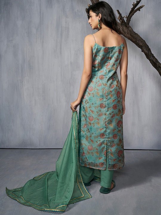 Floral Printed Regular Gotta Patti Organza Kurta With Trousers & Dupatta - Inddus.com