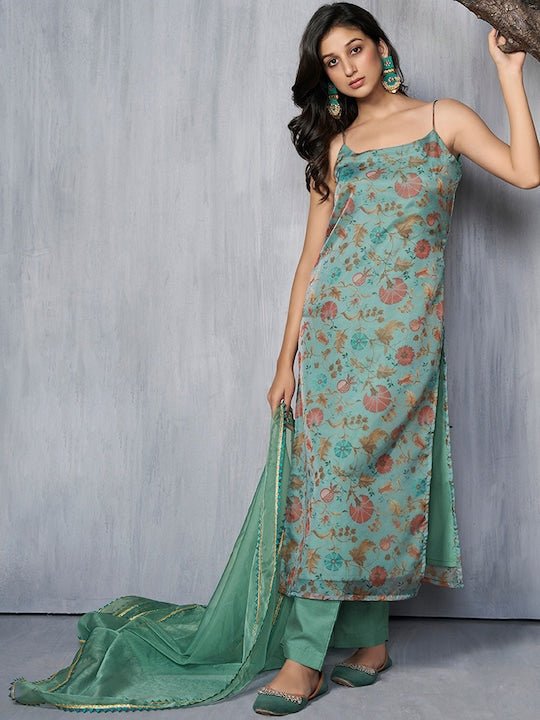 Floral Printed Regular Gotta Patti Organza Kurta With Trousers & Dupatta - Inddus.com