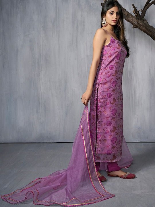 Floral Printed Regular Gotta Patti Organza Kurta With Trousers & Dupatta - Inddus.com