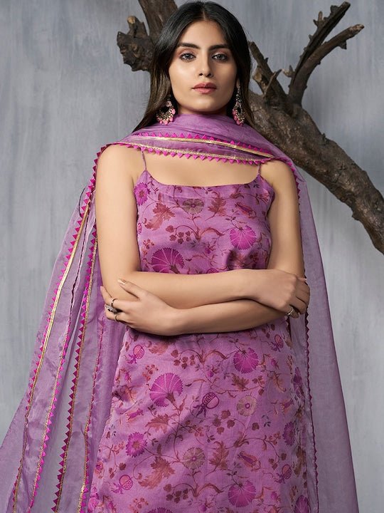 Floral Printed Regular Gotta Patti Organza Kurta With Trousers & Dupatta - Inddus.com