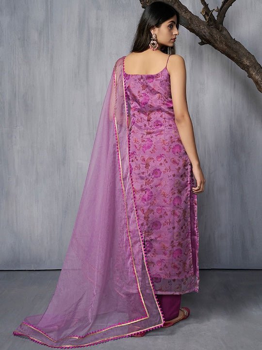 Floral Printed Regular Gotta Patti Organza Kurta With Trousers & Dupatta - Inddus.com