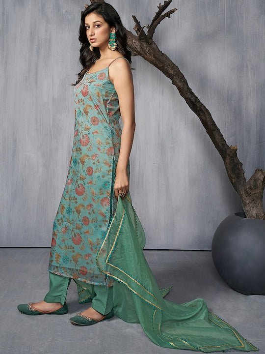 Floral Printed Regular Gotta Patti Organza Kurta With Trousers & Dupatta - Inddus.com