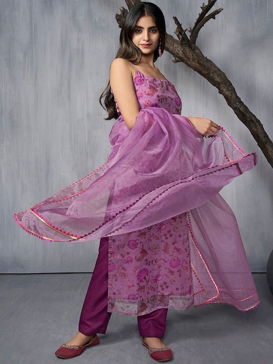 Floral Printed Regular Gotta Patti Organza Kurta With Trousers & Dupatta - Inddus.com