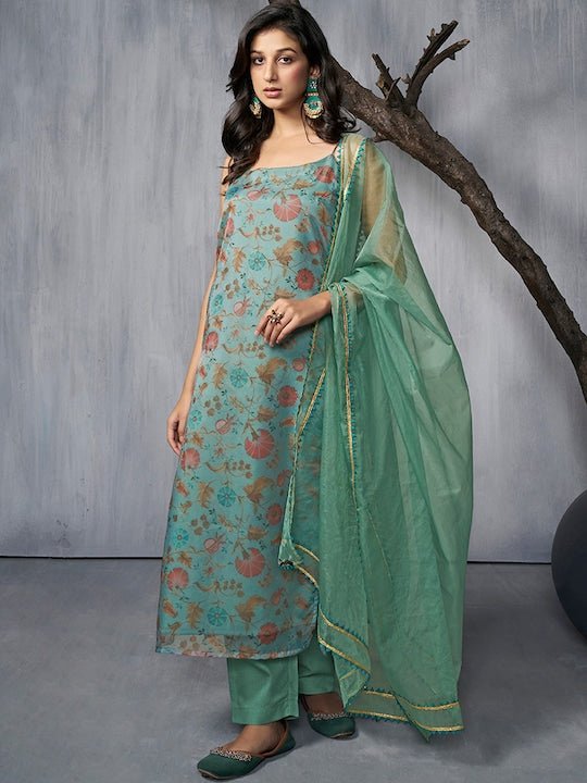 Floral Printed Regular Gotta Patti Organza Kurta With Trousers & Dupatta - Inddus.com