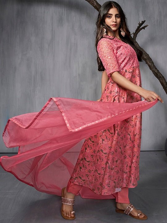 Floral Printed Regular Thread Work Kurta With Trousers & Dupatta - Inddus.com