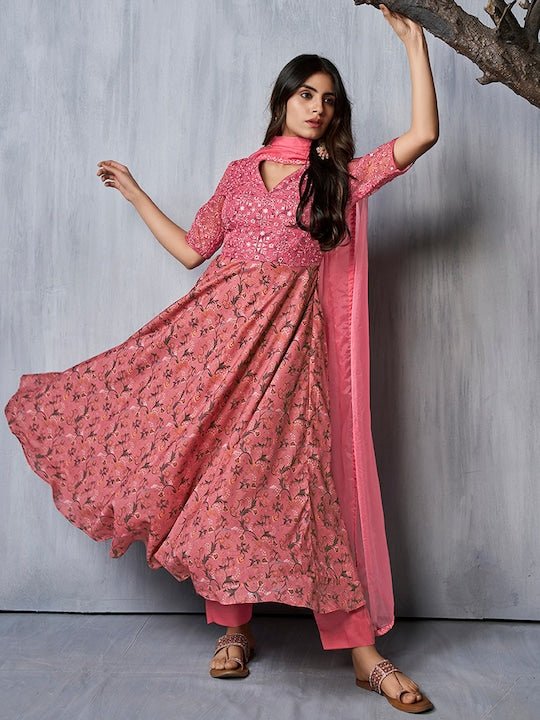 Floral Printed Regular Thread Work Kurta With Trousers & Dupatta - Inddus.com