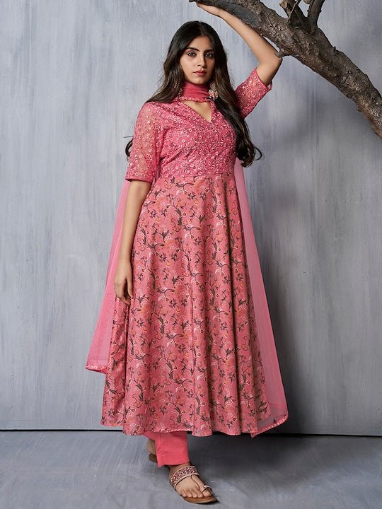 Floral Printed Regular Thread Work Kurta With Trousers & Dupatta - Inddus.com